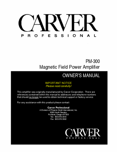 Carver PM 300 Owner Manual